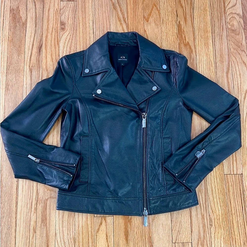 Armani exchange black 100% sheep Leather Jacket womens size small